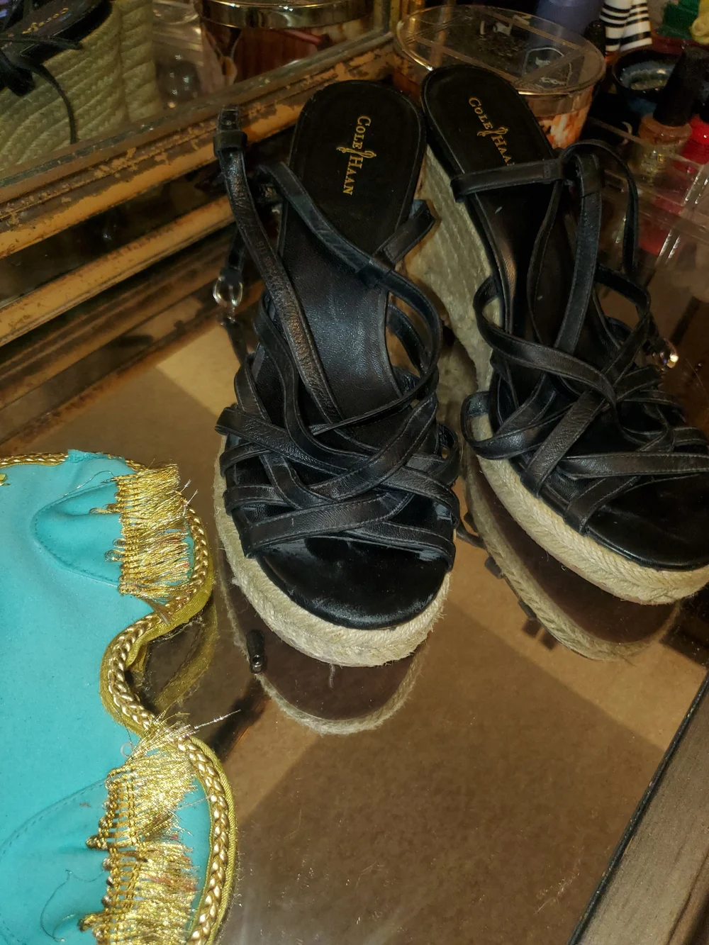 Cole Haan Black Strappy Espadrille Wedge Sandals